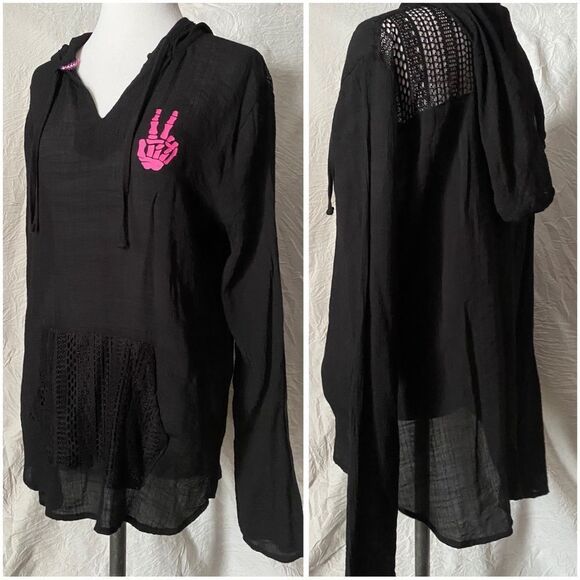 Retro, Peace Sign Skeleton, Upcycled, Hooded, Cover-Up Tunic - Picture 8 of 16